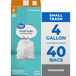 Great Value small trash bag package front with teal background, product name and bag image