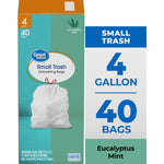 Great Value teal box front showing small drawstring trash bag illustration and eucalyptus mint label