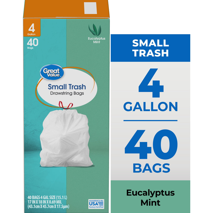 Great Value teal box front showing small drawstring trash bag illustration and eucalyptus mint label
