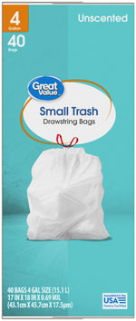 Close-up front panel of Great Value small trash drawstring bags box with white tied bag illustration