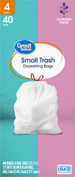 Close-up of Great Value packaging art showing 4 gallon, 40 bags, Lavender Fields logo and white tied trash bag on split teal and pink background