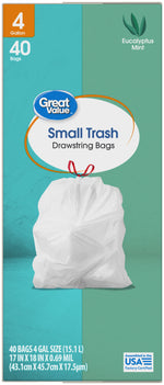 Close-up of Great Value packaging showing small trash drawstring bags label and eucalyptus mint icon