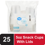 Clear plastic retail bag of Great Value snack cups with lids showing brand label and a visible '25' count badge.