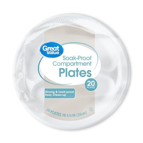 Single Great Value soak-proof compartment plate with clear product label and 20 plates callout on a white background