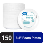 Stack of white Great Value soak-proof foam plates with a labeled front plate showing product name and 150 count badge