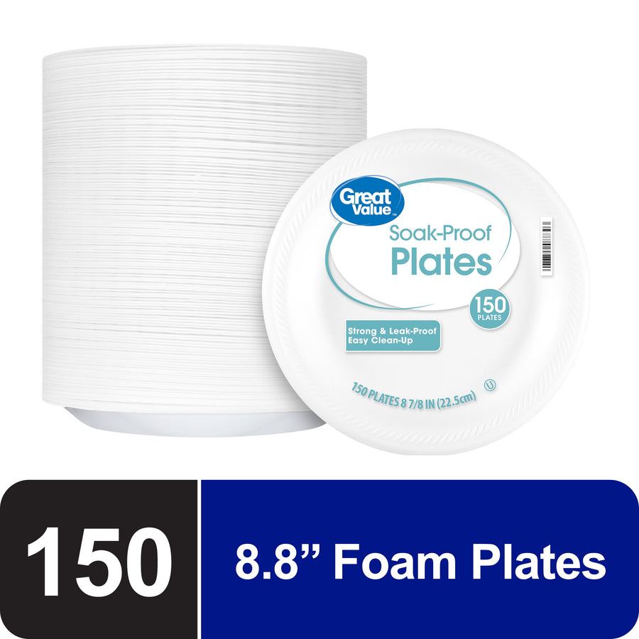 Stack of white Great Value soak-proof foam plates with a labeled front plate showing product name and 150 count badge