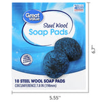 Great Value steel wool soap pads package front with printed dimensions overlay, showing two round pads on blue background