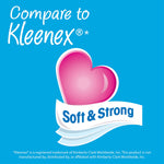 Blue promotional graphic with a pink heart icon and a 'Soft & Strong' ribbon plus 'Compare to Kleenex' text.