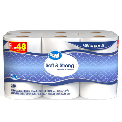 Great Value Soft & Strong toilet paper 12 mega rolls in blue and white branded shrinkwrap