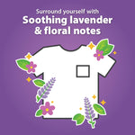 T-shirt icon surrounded by lavender sprigs and flowers on purple background promoting soothing lavender and floral notes