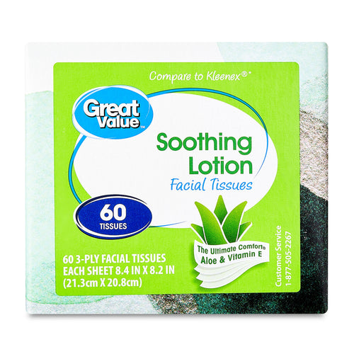 Front-facing Great Value Soothing Lotion facial tissue cube showing green label, aloe graphic and 60 tissues badge