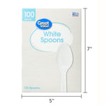 Great Value White Spoons box with dimension callouts showing five inch width and seven inch height
