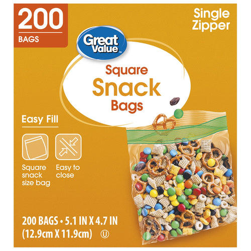 Great Value Square Snack Bags package front with 200 bags callout, easy-fill icons and a clear bag of trail mix pictured.
