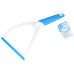 Angled white and blue shower squeegee with rubber blade and a hanging retail tag showing brand label.