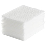 Photograph of a neat stack of white textured dry sweeping refill cloths on a white background