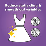 Icon graphic on purple background showing a dress and text about reducing static cling and smoothing wrinkles