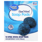 Great Value branded blue box of steel wool soap pads showing two round blue-gray pads and product name on front