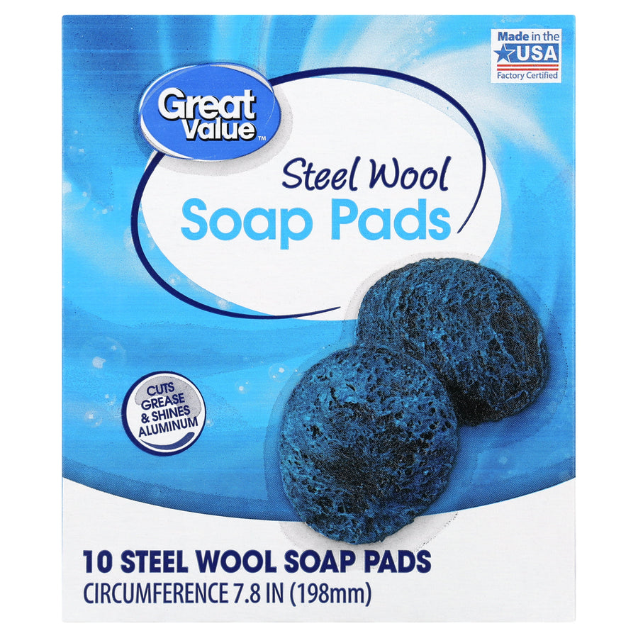 Great Value branded blue box of steel wool soap pads showing two round blue-gray pads and product name on front