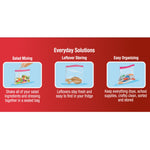 Red infographic panel showing everyday uses for storage bags: salad mixing, leftover storing and organizing
