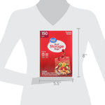 Product size graphic showing Great Value quart storage bags box scaled against a torso silhouette with dimensions