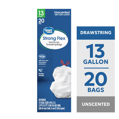 Vertical product panel showing Great Value Strong Flex 13 gallon drawstring trash bags packaging with bag graphic