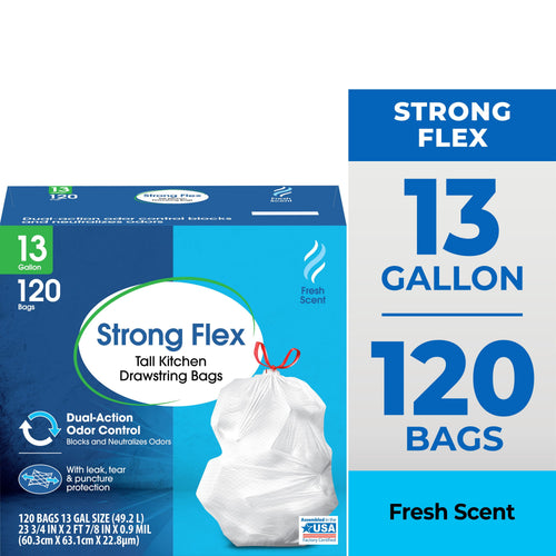 Great Value Strong Flex 13-gallon trash bag box close-up with product name and bag graphic on blue background.