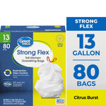 Front of Great Value Strong Flex 13-gallon tall kitchen drawstring trash bag box with citrus burst branding and bag image