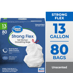 Great Value Strong Flex 13 gallon tall kitchen drawstring bag packaging with product image