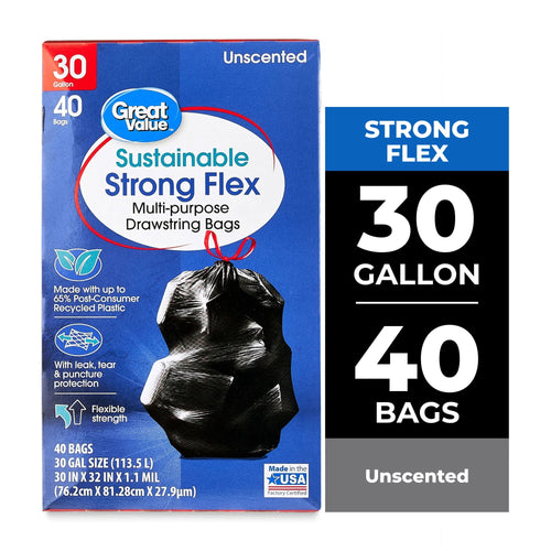 Front-facing product box of Great Value Sustainable Strong Flex 30 gallon drawstring trash bags with blue packaging.
