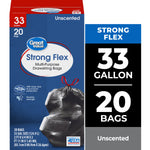Great Value Strong Flex 33 gallon drawstring trash bag box with product name and black tied trash bag image on blue packaging.