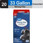 Vertical product shot of Great Value Strong Flex 33 gallon drawstring trash bags box with label banner across the top.