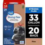 Front-facing product box for Great Value Strong Flex 33-gallon drawstring trash bags with pine scent, showing bag image and size callouts.