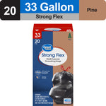 Tall product box image of Great Value Strong Flex 33-gallon drawstring trash bags with pine scent and size banner across the top.