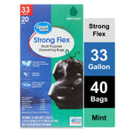 box of great value strong flex 33 gallon mint scent drawstring trash bags; box front shows 20 bags while an overlay panel says 40 bags
