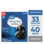 Blue Great Value Strong Flex drawstring garbage bag box design with tied black bag illustration and size callouts