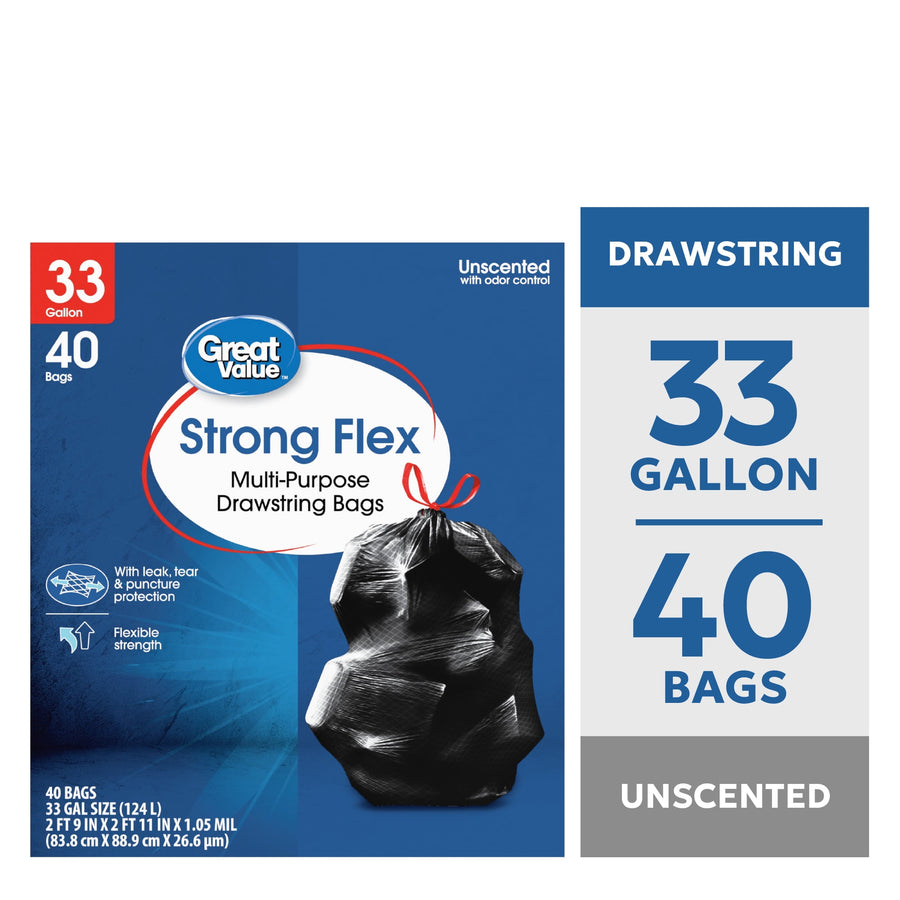 Blue Great Value Strong Flex drawstring garbage bag box design with tied black bag illustration and size callouts