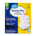 Close-up of Great Value Strong Flex tall kitchen drawstring bags box front, showing dual action odor control and bag illustration
