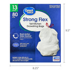 Great Value Strong Flex 13 gallon box front with dimensions and bag image, scale overlay showing size