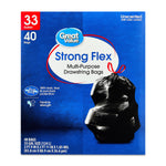 Great Value Strong Flex multi-purpose drawstring bags box front showing tied black bag illustration on blue background
