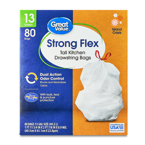 Front-facing Great Value Strong Flex tall kitchen drawstring bags box showing product name, tied white bag and Island Oasis orange panel