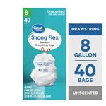 Front packaging graphic of Great Value Strong Flex medium drawstring garbage bags with teal background and tied white bag