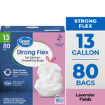 Front packaging of Great Value Strong Flex tall kitchen drawstring bags with lavender-themed graphics and 13 gallon/80 count callouts