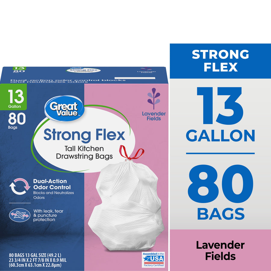 Front packaging of Great Value Strong Flex tall kitchen drawstring bags with lavender-themed graphics and 13 gallon/80 count callouts
