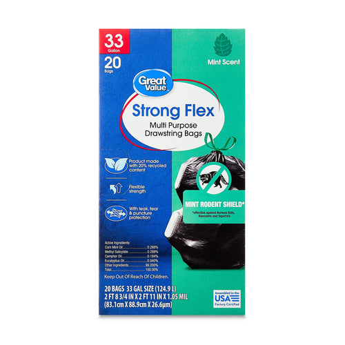 Great Value Strong Flex mint-scent 33 gallon drawstring trash bags box front showing product name and a tied black trash bag image.