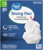 Close-up front of Great Value Strong Flex packaging highlighting 13 gallon size and white drawstring bag image