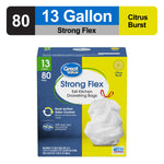 Product packshot showing Great Value Strong Flex 13 gallon 80 bags box with header label reading 13 Gallon Citrus Burst