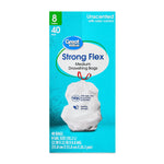 Tall product shot of Great Value Strong Flex medium drawstring trash bags box with teal background and white tied bag illustration