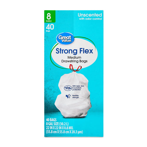 Tall product shot of Great Value Strong Flex medium drawstring trash bags box with teal background and white tied bag illustration