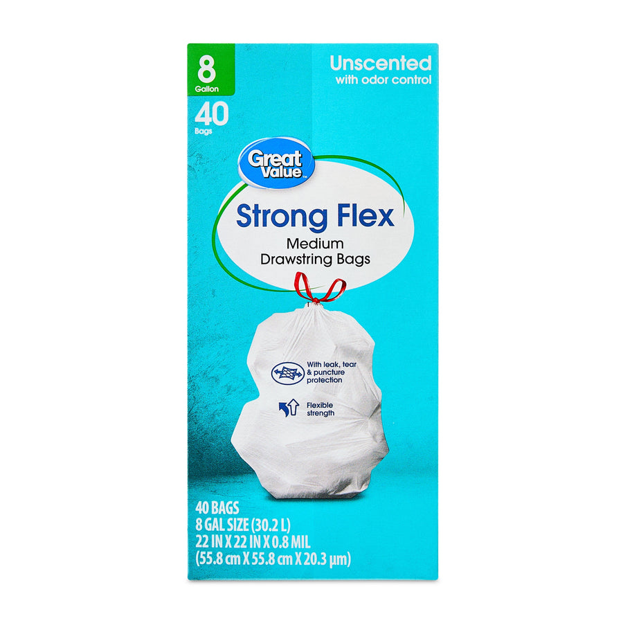 Tall product shot of Great Value Strong Flex medium drawstring trash bags box with teal background and white tied bag illustration