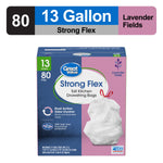 Product label strip and boxed packaging showing Great Value Strong Flex 13 gallon lavender fields trash bags with 80 count indicator